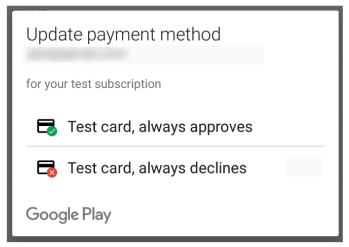 Android subscription testing payment card
