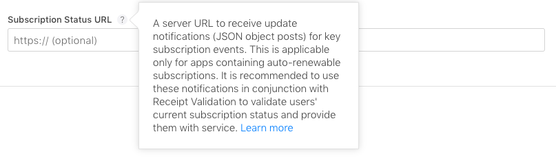 Screenhot of Subscription Status URL UI in App Store Connect